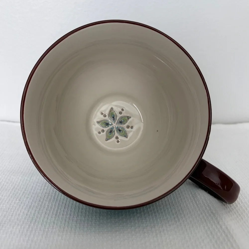 PIER 1 Dolomite Peacock Feather Hand Painted Mug Cup